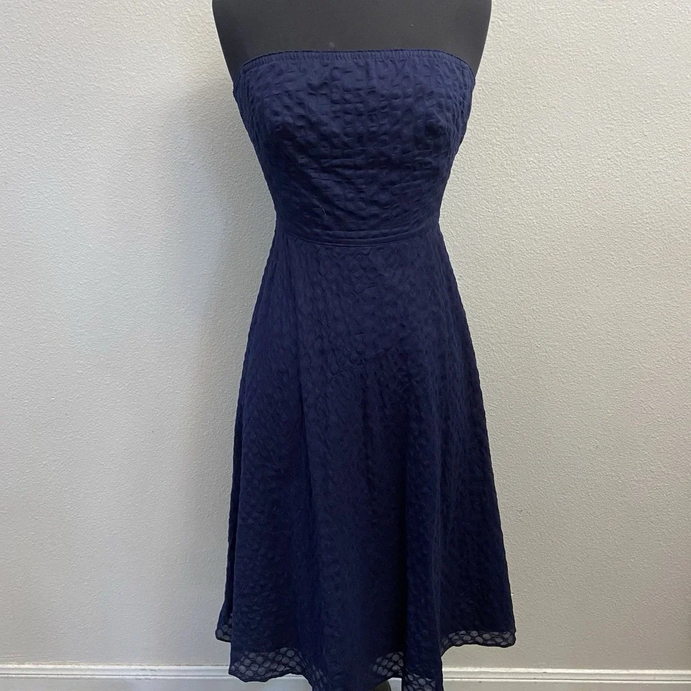 J. Crew Women's Strapless Textured Midi Dress Navy Cotton Size 0‎ Wedding